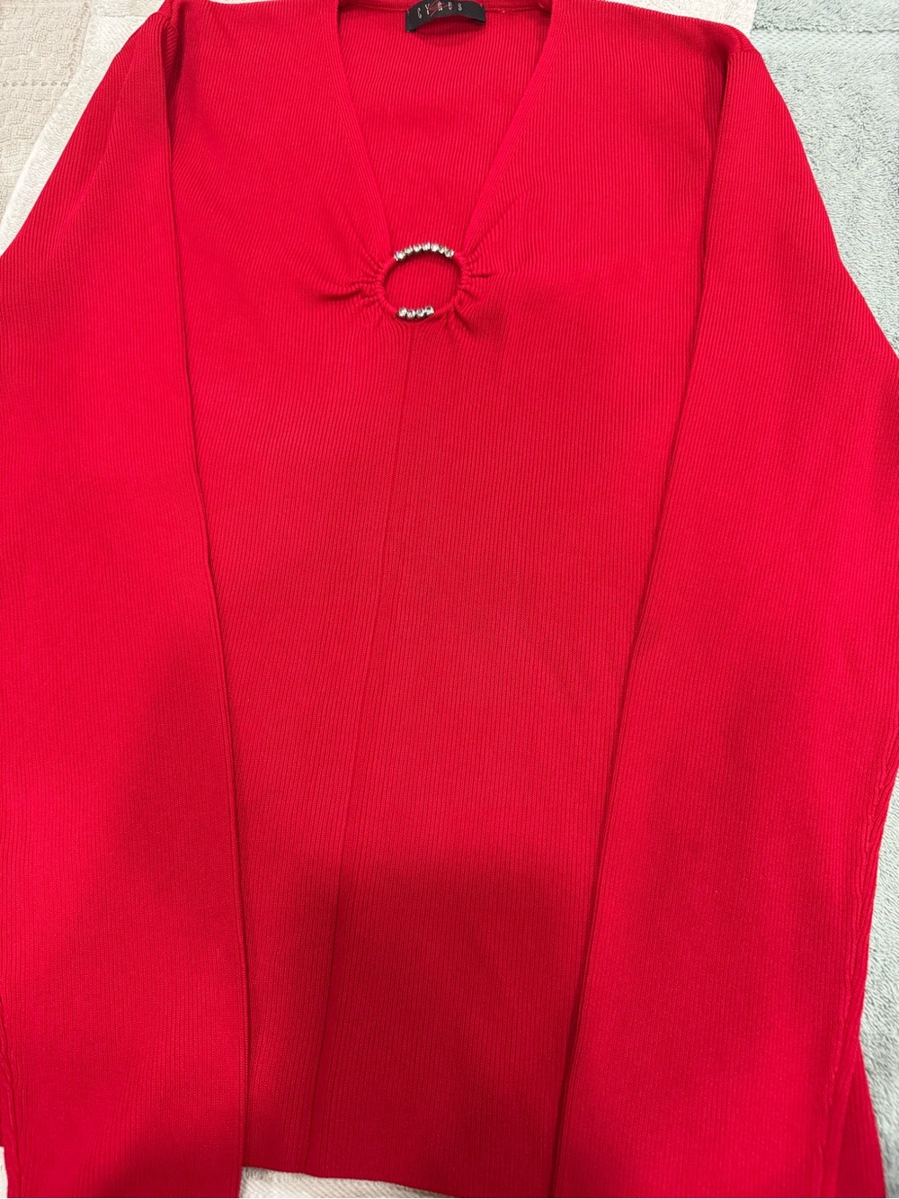 Red V-Neck Sweater with Rhinestone Ring Accent (CL-5)